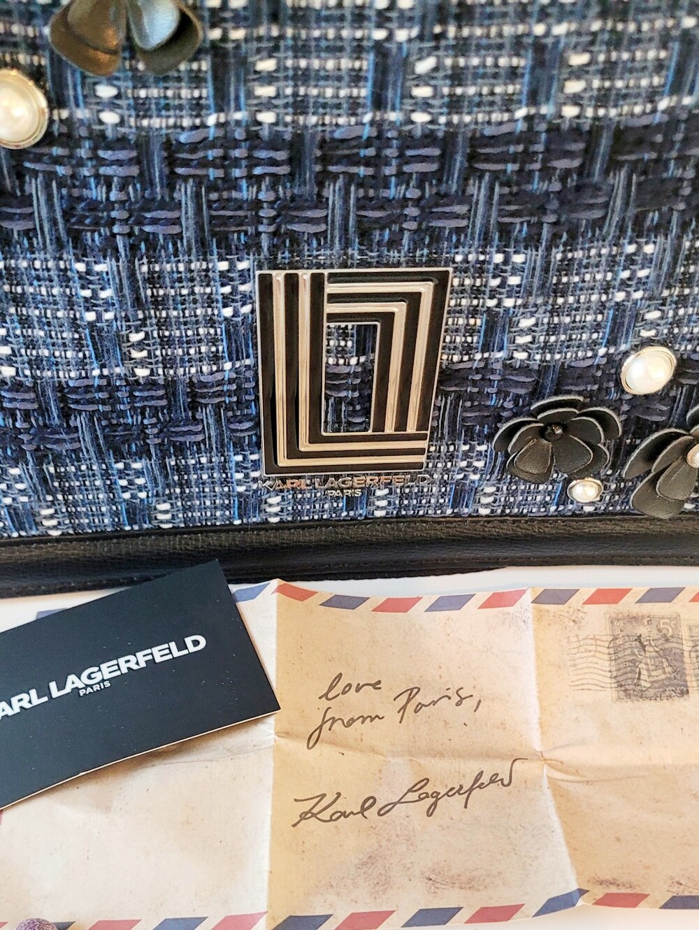 Karl Lagerfeld Navy Tweed with Black Leather Trim and Floral Appliqués - Picture 6 of 6